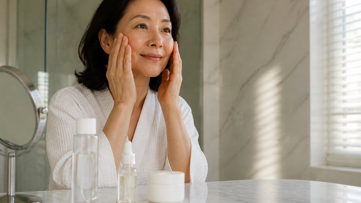 A woman in her late 40s at a bathroom vanity, patting essence into her cheeks with her palms, with a toner bottle, serum dropper, and moisturizer jar arranged on a marble counter in soft morning light
