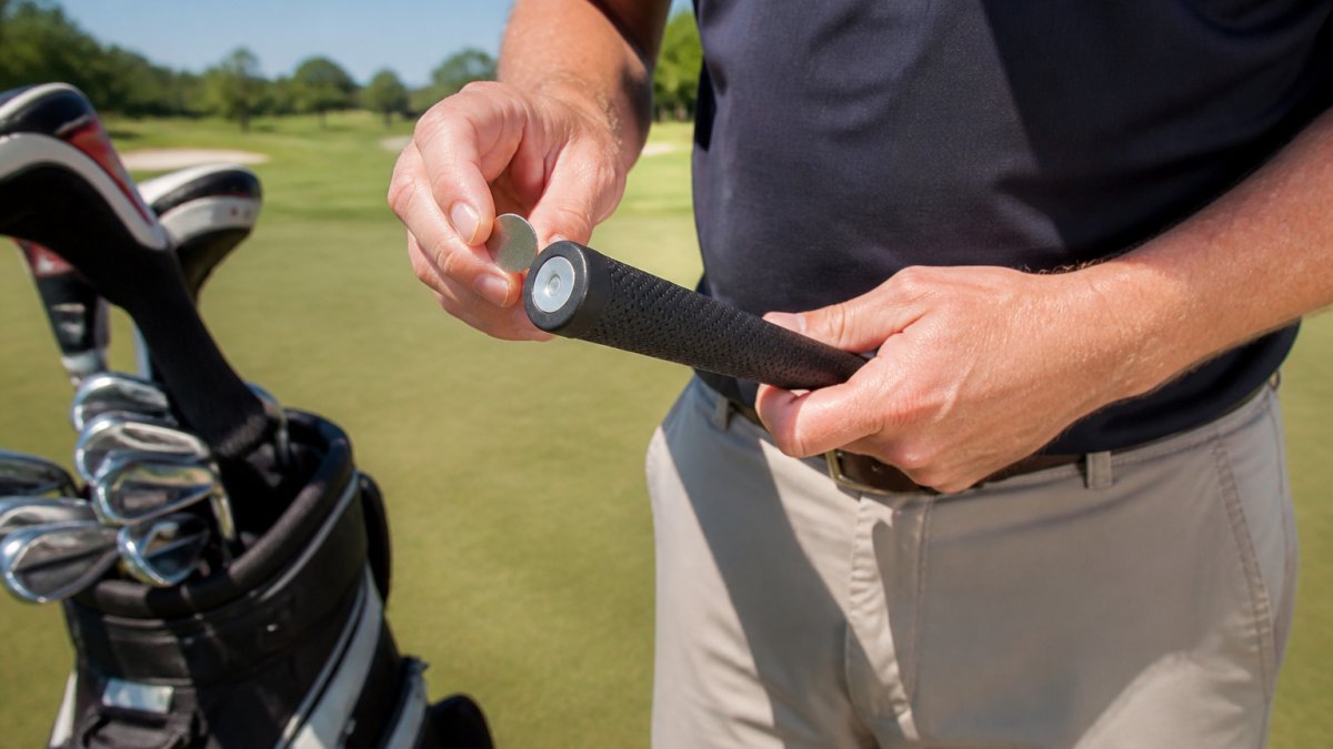 Golfer attaching a magnetic marker holder to the end of a putter grip on a sunny green course