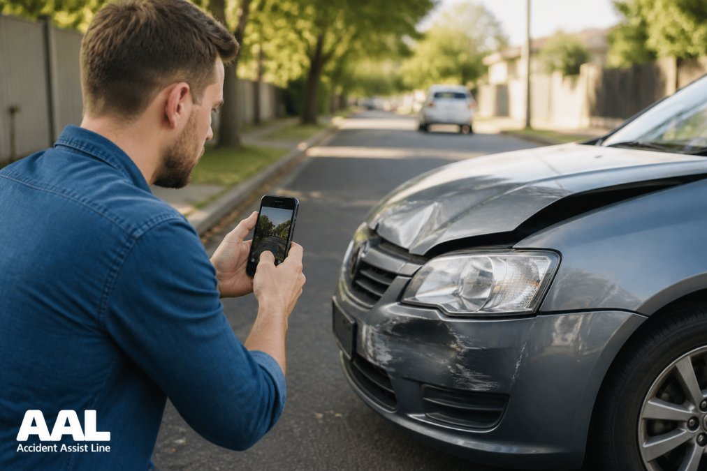 Driver photographing minor car accident damage to a bumper on a suburban street for insurance records