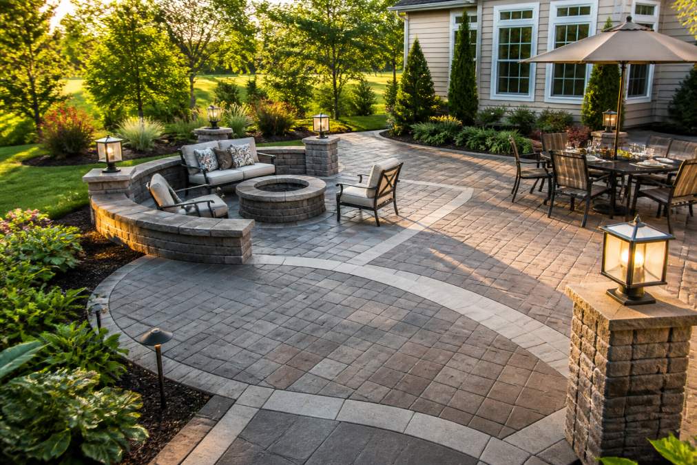 A well-maintained paver patio with defined seating areas and clean geometric patterns, showing quality materials in warm afternoon sunlight with lush landscaping visible at the edges of a residential backyard