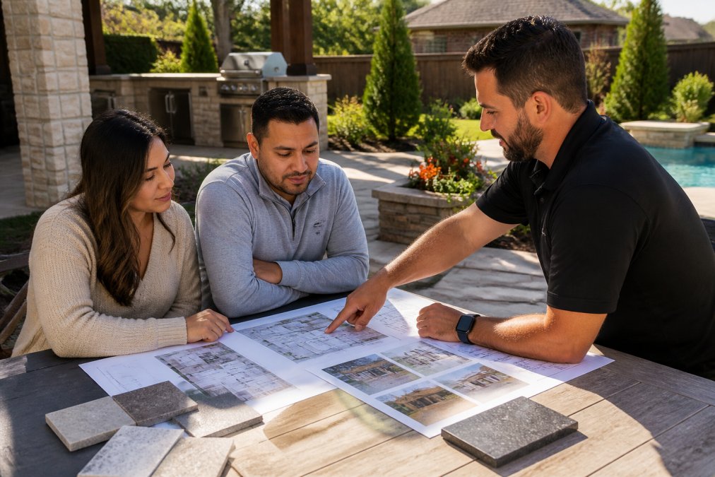 Homeowners and a designer reviewing patio layout sketches and material samples spread across an outdoor table, pointing at design options with natural sunlight illuminating the workspace