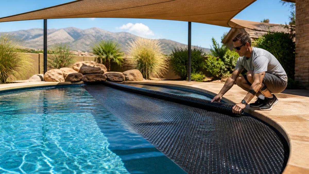 Residential pool on a sunny day with a partially installed pool cover and shade structure visible, showing a homeowner adjusting the cover while water glistens in bright afternoon light