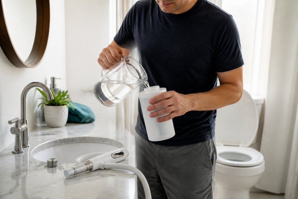 Person filling a compact bidet water reservoir at a bathroom sink with a handheld wand resting nearby.