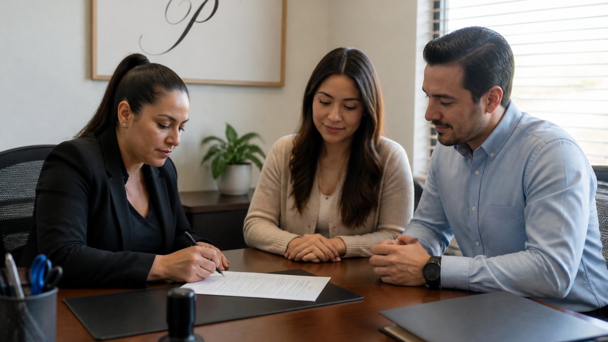 Professional notary public witnessing the signing of a power of attorney document at a desk, with the principal and agent present, reviewing paperwork together with natural office lighting