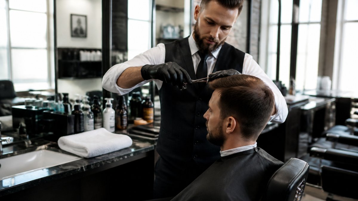 Barber performing a precision premium haircut cost chain barbershop service with styling products nearby