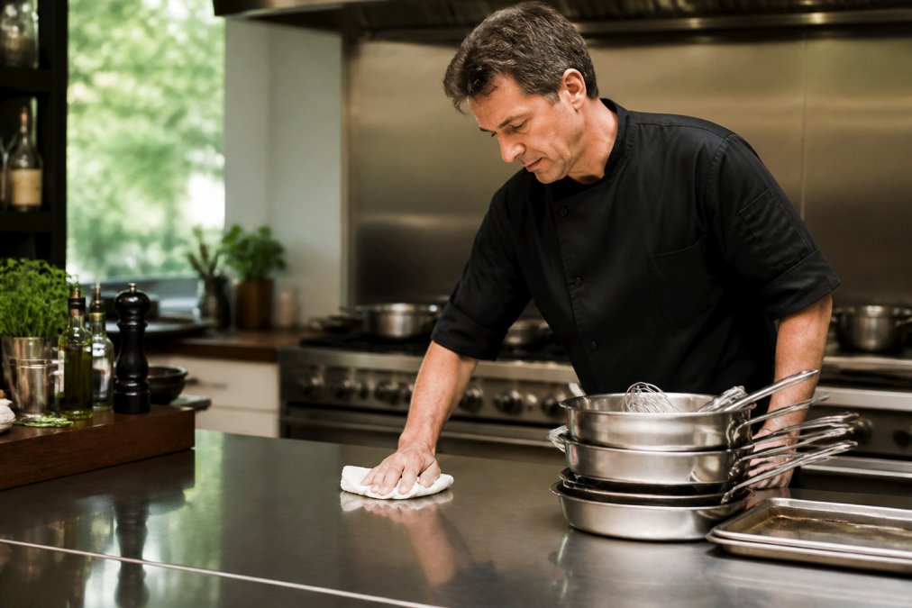 Professional private chef wiping down a stainless steel kitchen counter after service, with clean cookware stacked nearby and organised workspace visible in soft natural light