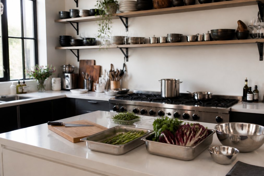 Bright, well-organised home kitchen with clear counter space, accessible open shelving displaying cookware, and appliances positioned conveniently, ready for a professional chef to work