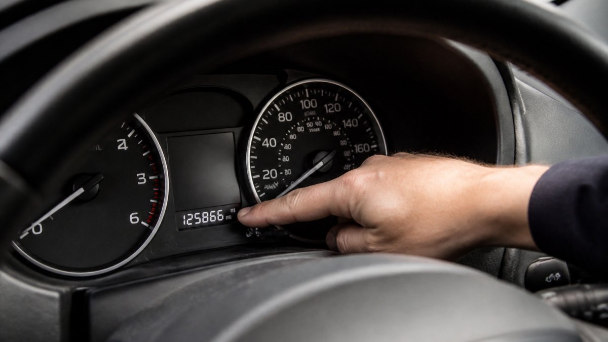 Technician pointing to a dashboard odometer to verify rolling road add mileage during a pre-test inspection