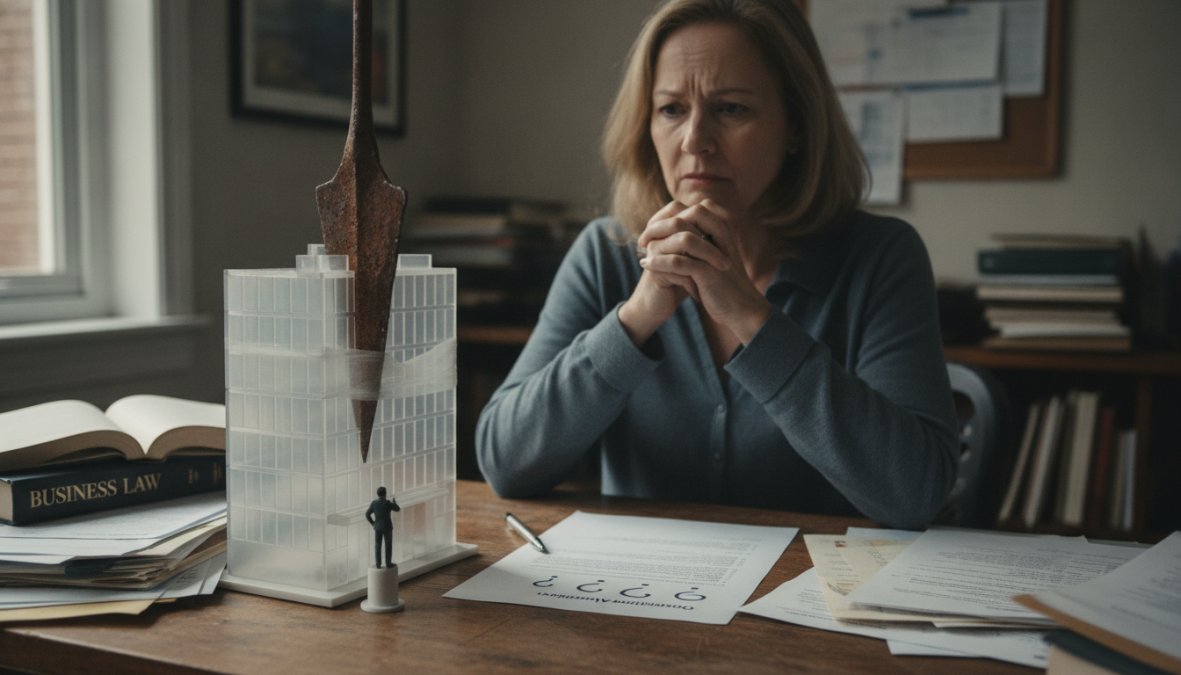 A business owner sitting at a desk reviewing legal documents with a concerned expression, pen in hand, papers spread out under warm office lighting in a professional setting