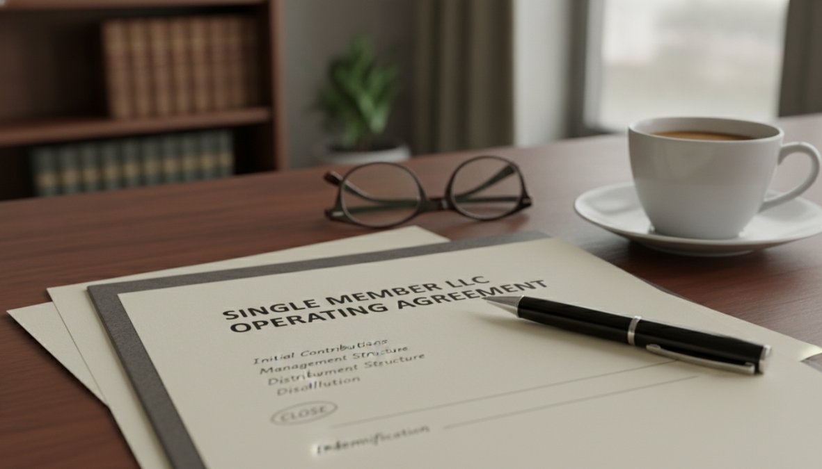 Close-up of hands writing on a legal document with a pen, a laptop open nearby on a clean wooden desk in a well-lit professional office environment
