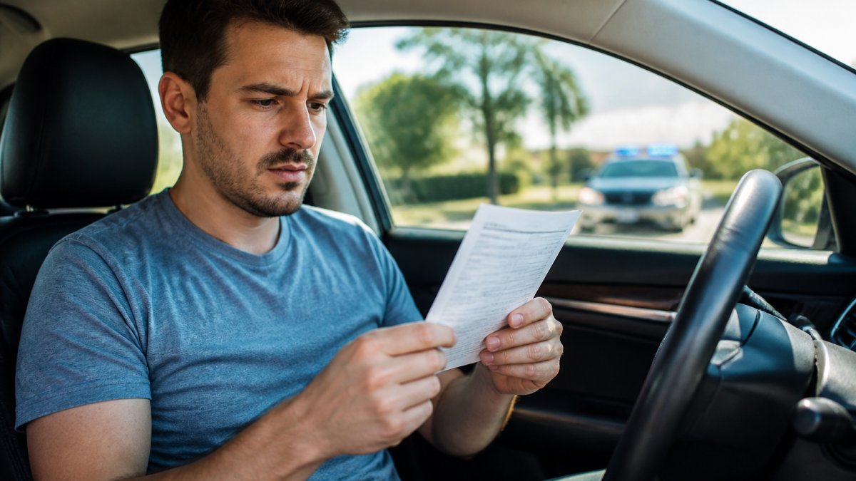 Driver sitting in car examining a speeding ticket with a concerned expression, natural daylight streaming through the windshield, ticket visible in hands