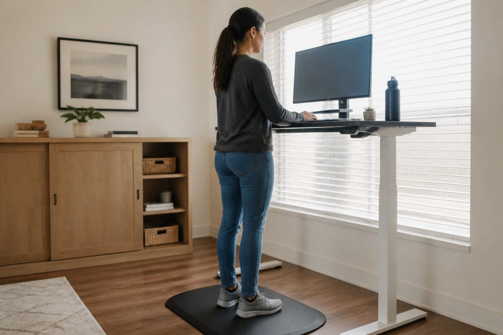A person working at a height-adjustable standing desk in a bright home office, wearing supportive shoes and standing on an anti-fatigue mat, with a monitor at eye level and a water bottle nearby