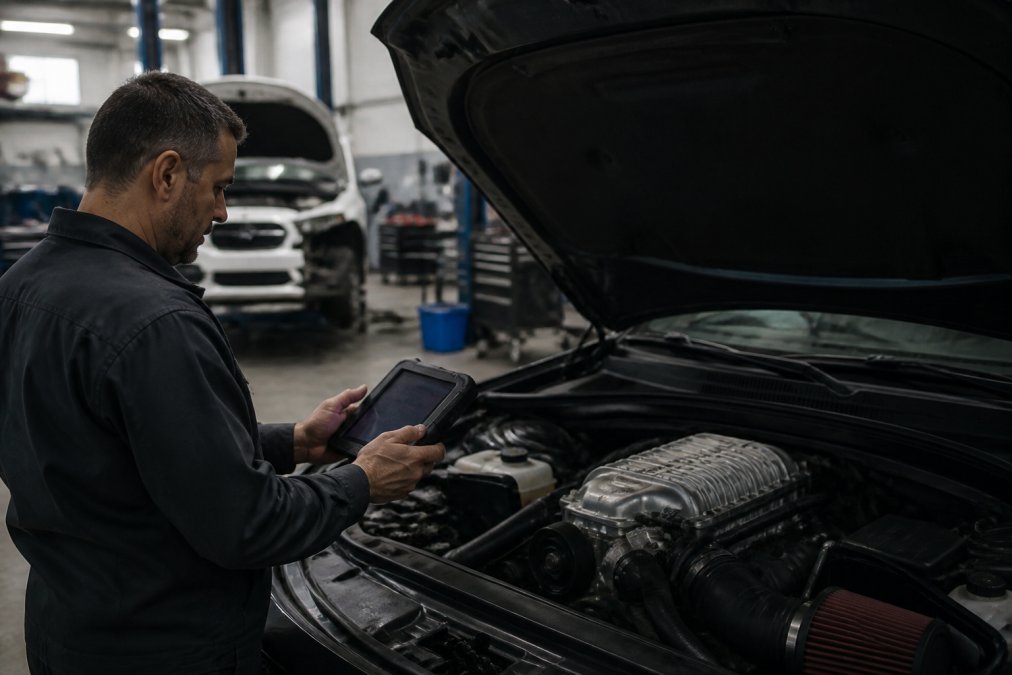 Professional mechanic using diagnostic scanner equipment to analyze engine data on a vehicle in a modern service bay with overhead lighting