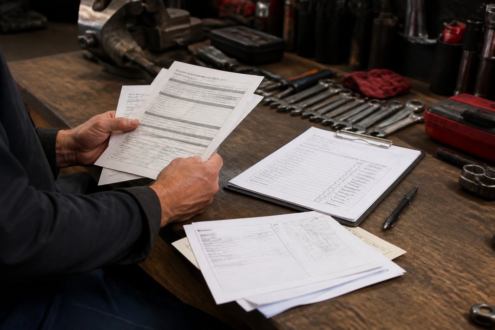 Hands holding warranty documentation and vehicle maintenance records spread across a workbench with a pen and checklist visible