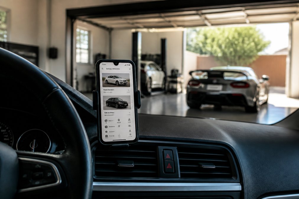 A smartphone mounted on a car dashboard displaying a maintenance tracking app interface, with a clean two-car garage and a sports car blurred in the background, warm afternoon light streaming through the open garage door
