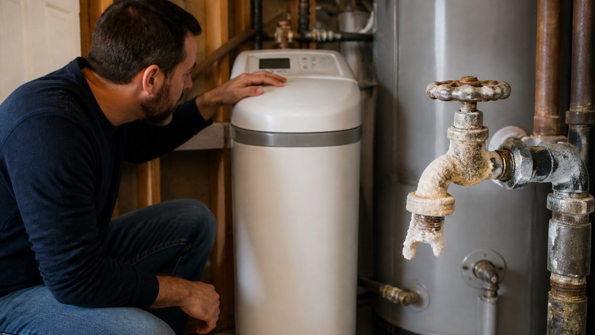 Homeowner inspecting a water softener tank near a faucet with limescale deposits