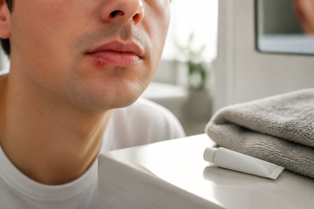 Close-up of a person's lips with a visible cold sore blister, a tube of white cold sore cream resting on a bathroom counter beside them, soft natural window lighting