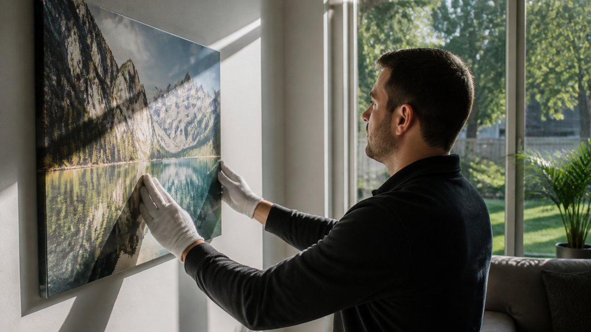 Professional demonstrating acrylic wall art displayed near a large window with natural sunlight streaming across the artwork in a modern living room