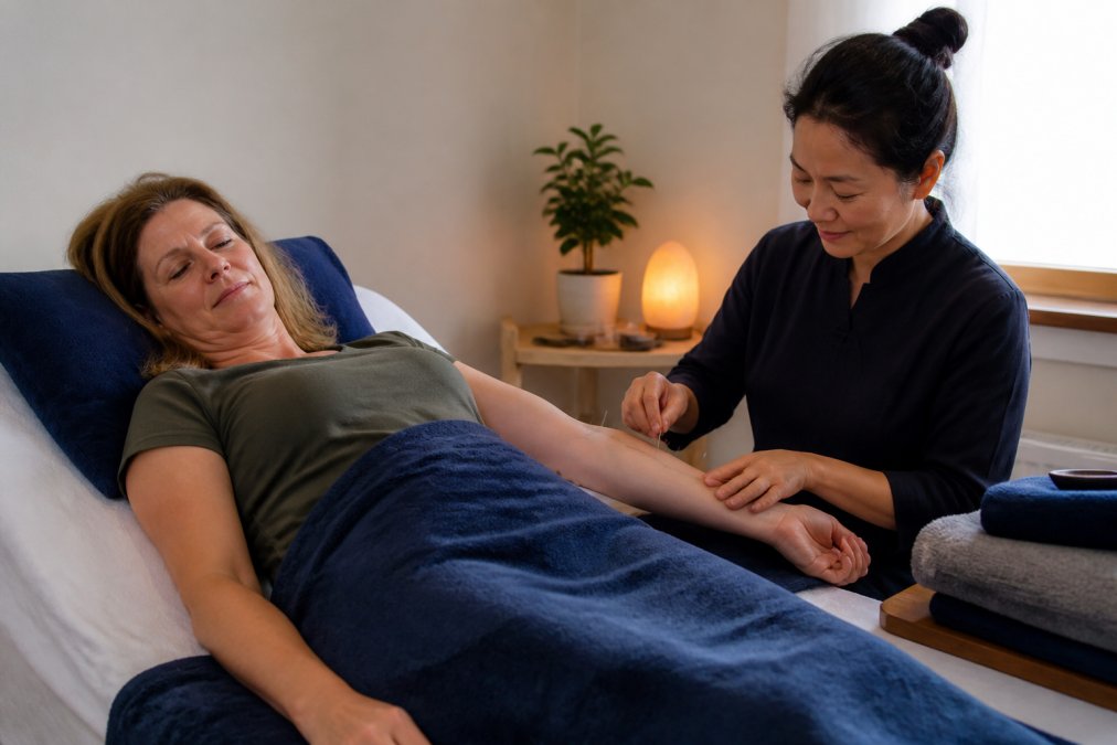 Infographic outlining the acupuncture process and safety measures to see if does acupuncture help menopause symptoms