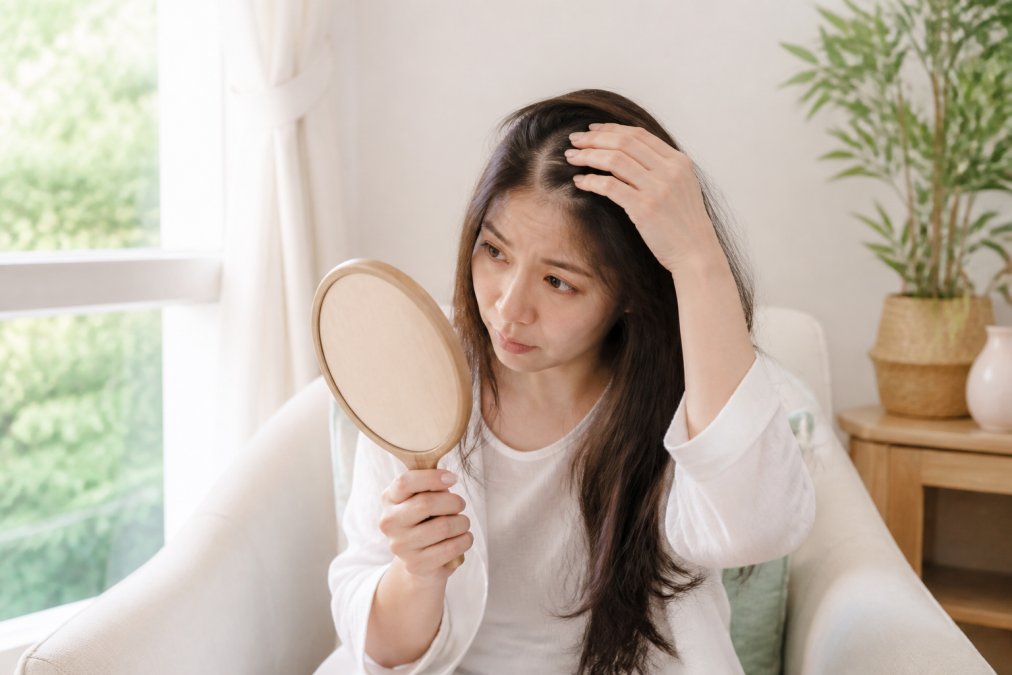 A woman in her early 30s sitting in a bright, comfortable room, gently examining her hair in a hand mirror with a concerned but hopeful expression, soft natural light coming through a window