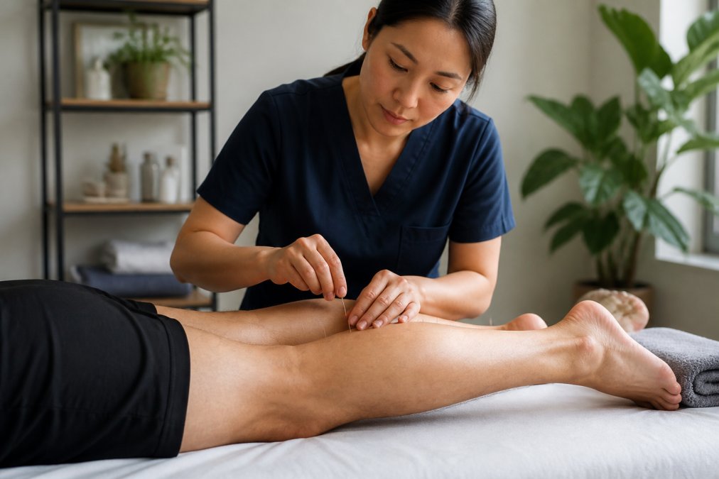 Infographic showing how acupuncture for sports recovery helps with delayed onset muscle soreness using calf needles