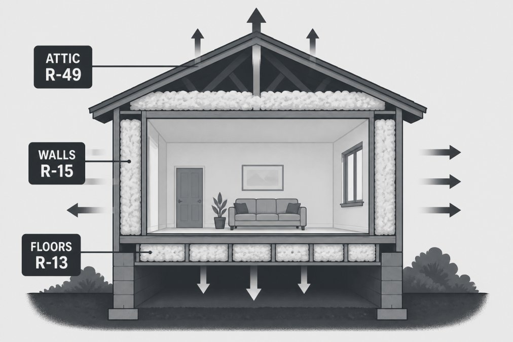 Cutaway illustration of a home thermal envelope showing heat loss paths through the attic, walls, and windows, with labeled R-values of R-49 attic, R-15 walls, and R-13 floors
