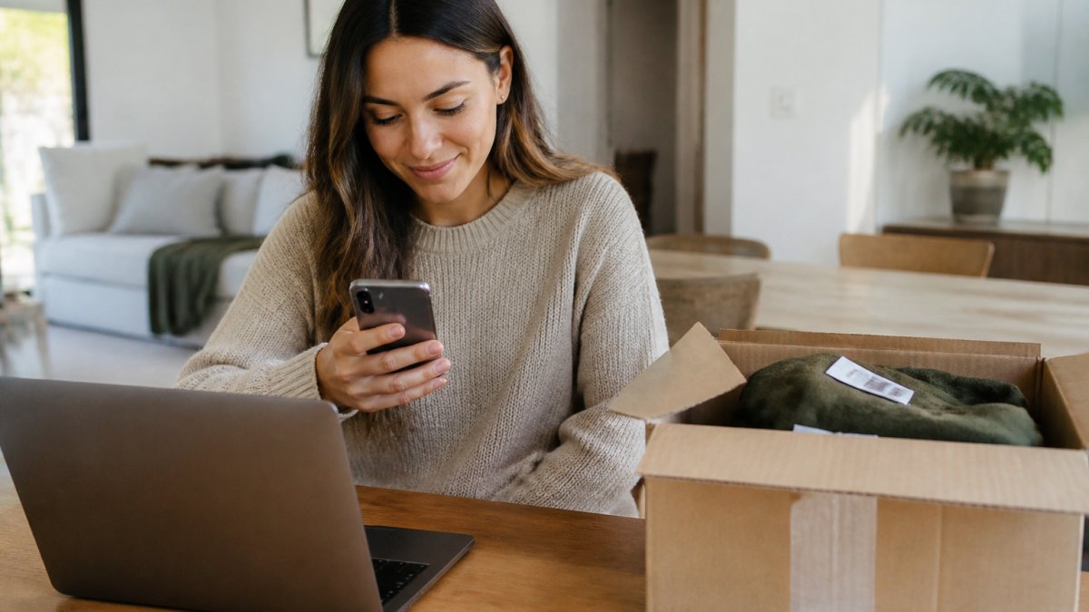 Woman at home checking her phone and laptop for refund status, with a returned package box on the desk nearby