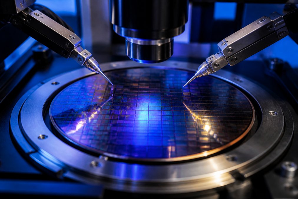 Close-up of a semiconductor wafer under blue and white inspection equipment lighting, showing precise surface detail and measurement setup in a cleanroom environment with measurement probes positioned over the wafer surface