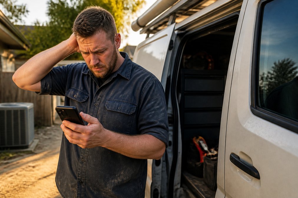 A stressed HVAC contractor in a dusty work shirt standing beside a service van, staring at a smartphone showing a missed call notification in late afternoon sunlight