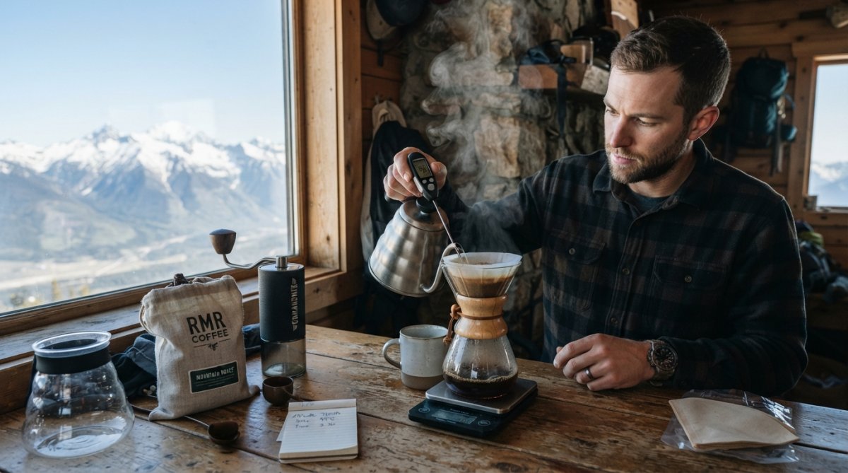 Coffee enthusiast adjusting brewing parameters at a high-altitude mountain location, holding a thermometer near a pour-over setup with mountains visible through a window, steam rising from the kettle
