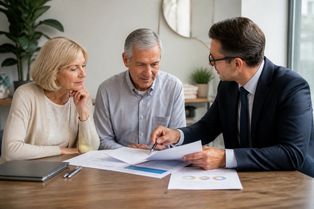 A couple in their late 50s reviewing financial documents with a financial advisor at a bright, modern office desk, with a laptop and printed charts on the table
