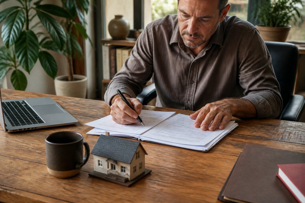 Business owner reviewing legal documents to help an LLC protect personal assets while working at a wooden desk.
