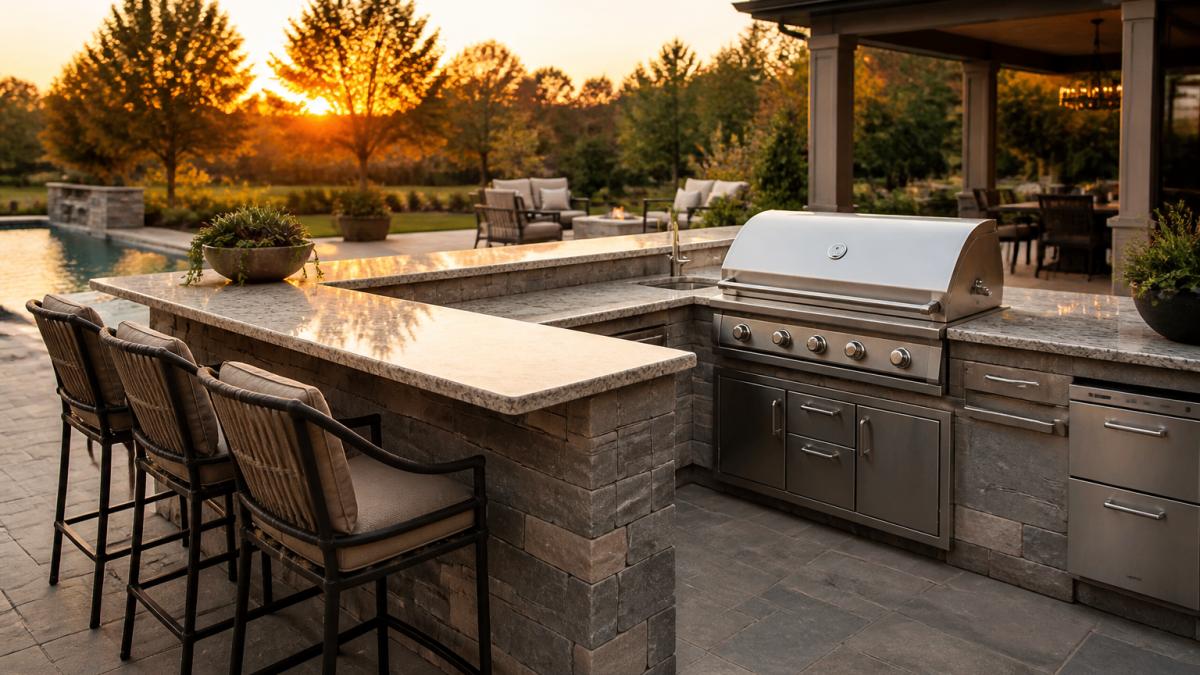 A luxury outdoor kitchen with a built-in stainless steel grill, stone countertops, and a bar seating area, set against a landscaped backyard patio at golden hour