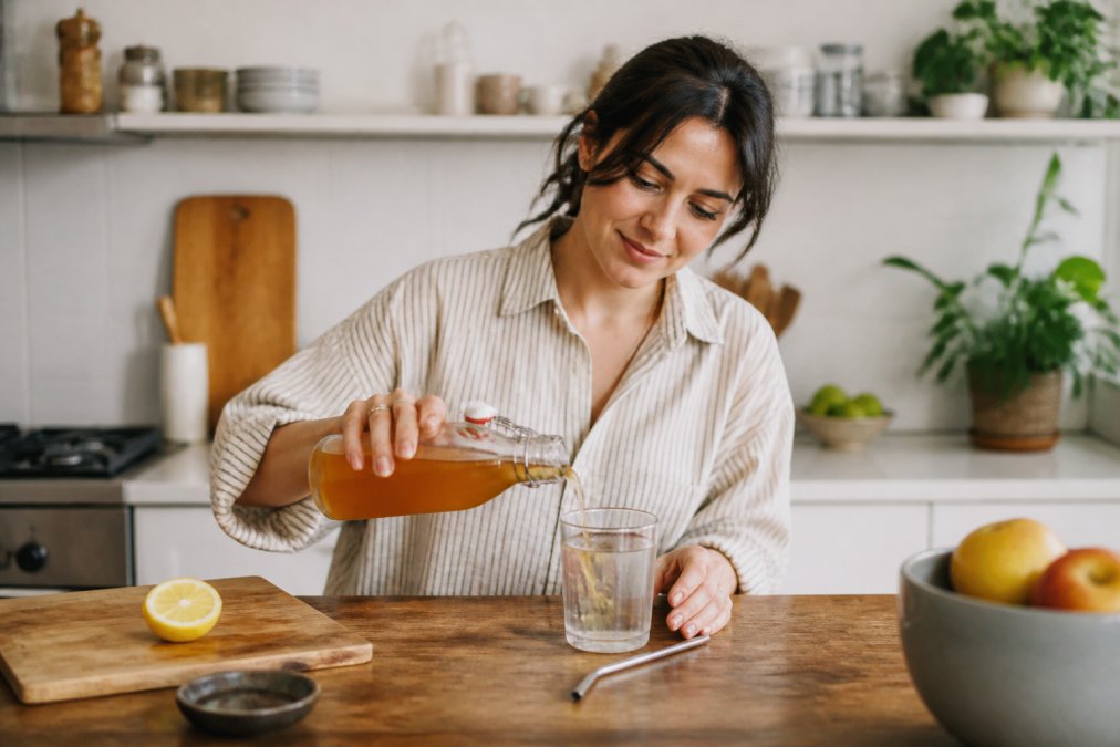 A person in a bright kitchen pouring apple cider vinegar from a glass bottle into a small glass of water, with a reusable straw resting nearby on a wooden countertop