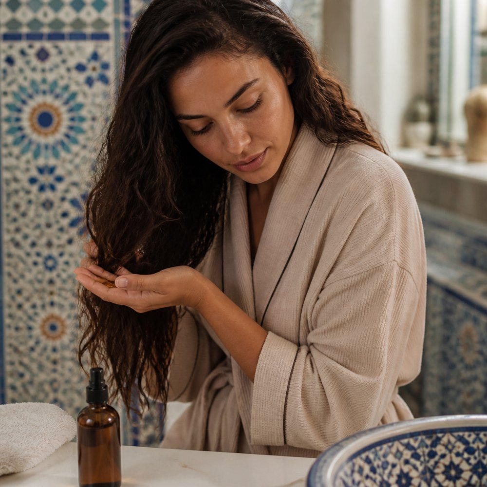 Woman applying golden argan oil to her wavy hair to see if it helps with frizzy hair control.