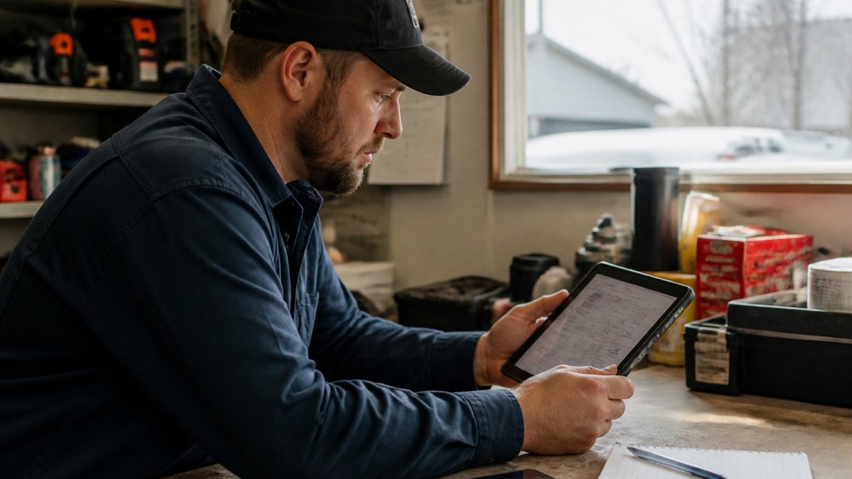 A tradesperson in a small office reviewing a scheduling dashboard on a tablet, with a phone and notepad on the desk, warm afternoon light through the window