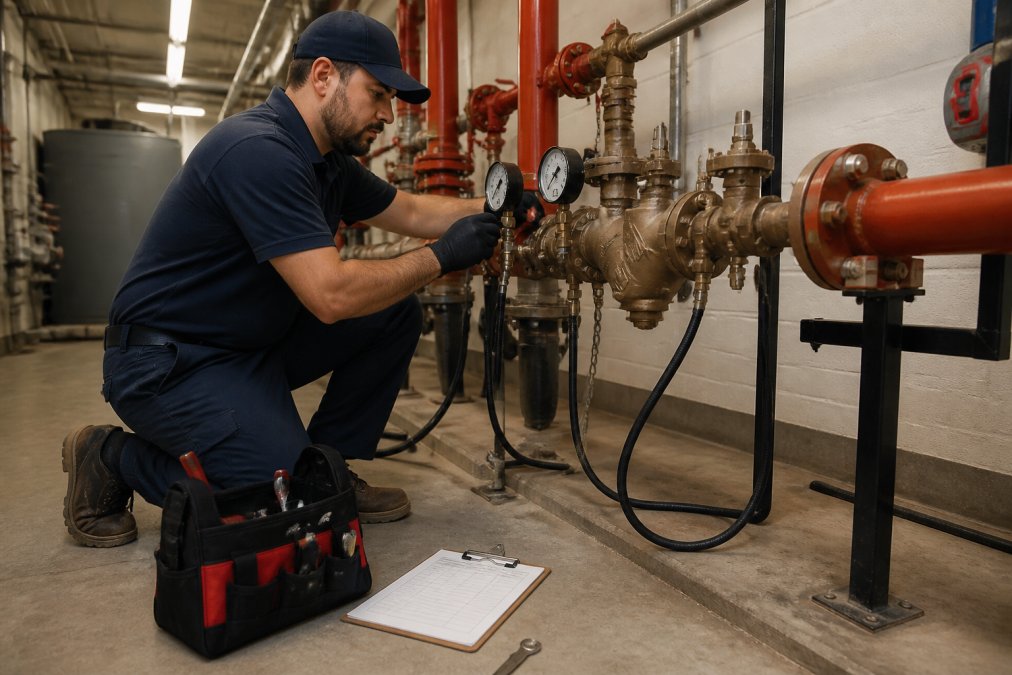 Certified technician performing backflow testing on a commercial assembly in a mechanical room