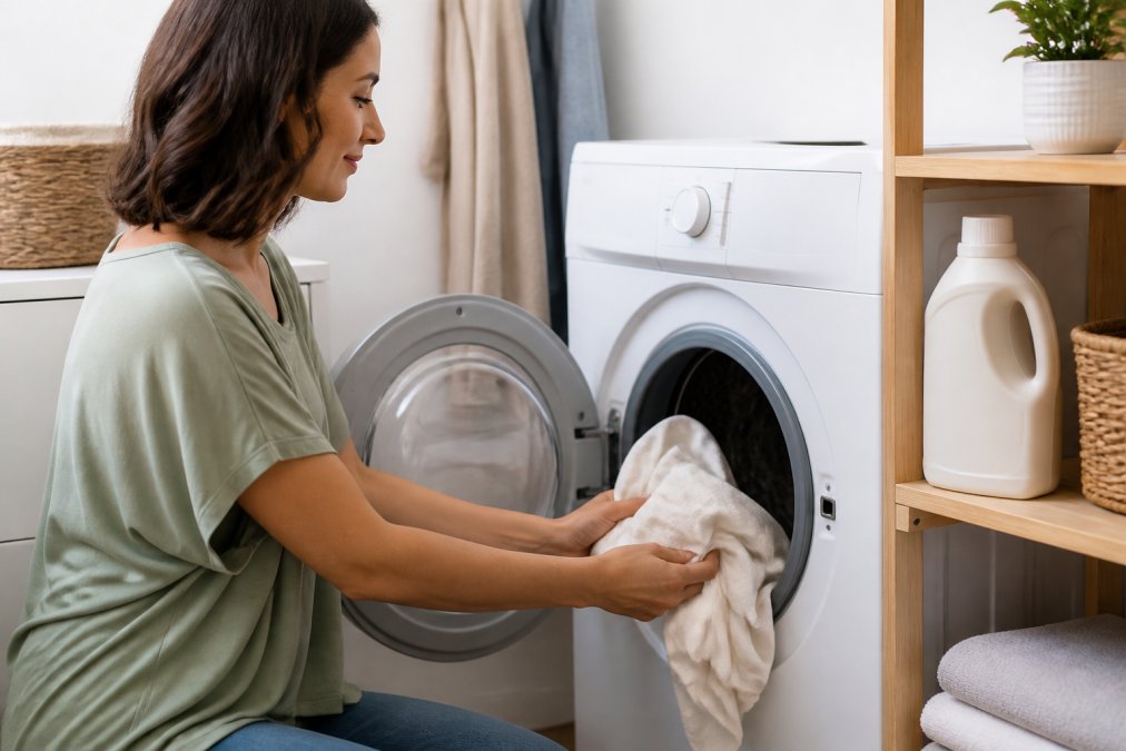 Woman washing a sage green bamboo-modal tee in cold water to prevent bamboo fabric shrink.