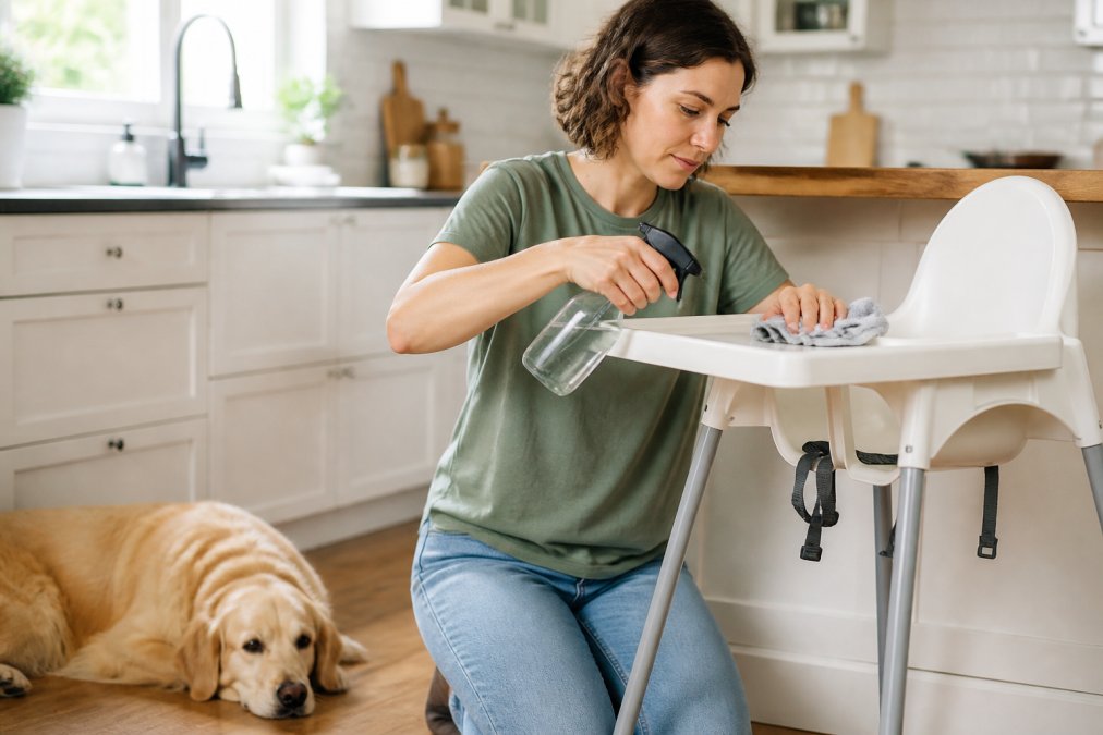 A parent in a bright kitchen wiping down a child's high chair with a spray bottle and cloth, with a dog resting nearby on the floor