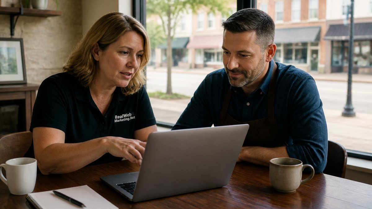 A small business owner and a marketing consultant reviewing a laptop together at a wooden desk, with a notebook, coffee mugs, and a window showing a quiet main street outside