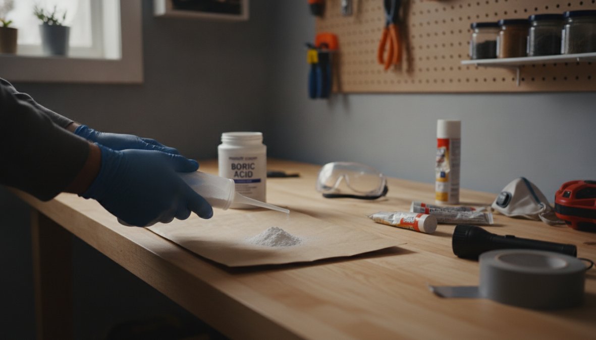 Close-up of gloved hands carefully applying a thin layer of boric acid powder along a baseboard crack using a small duster applicator in a kitchen, with precise control visible