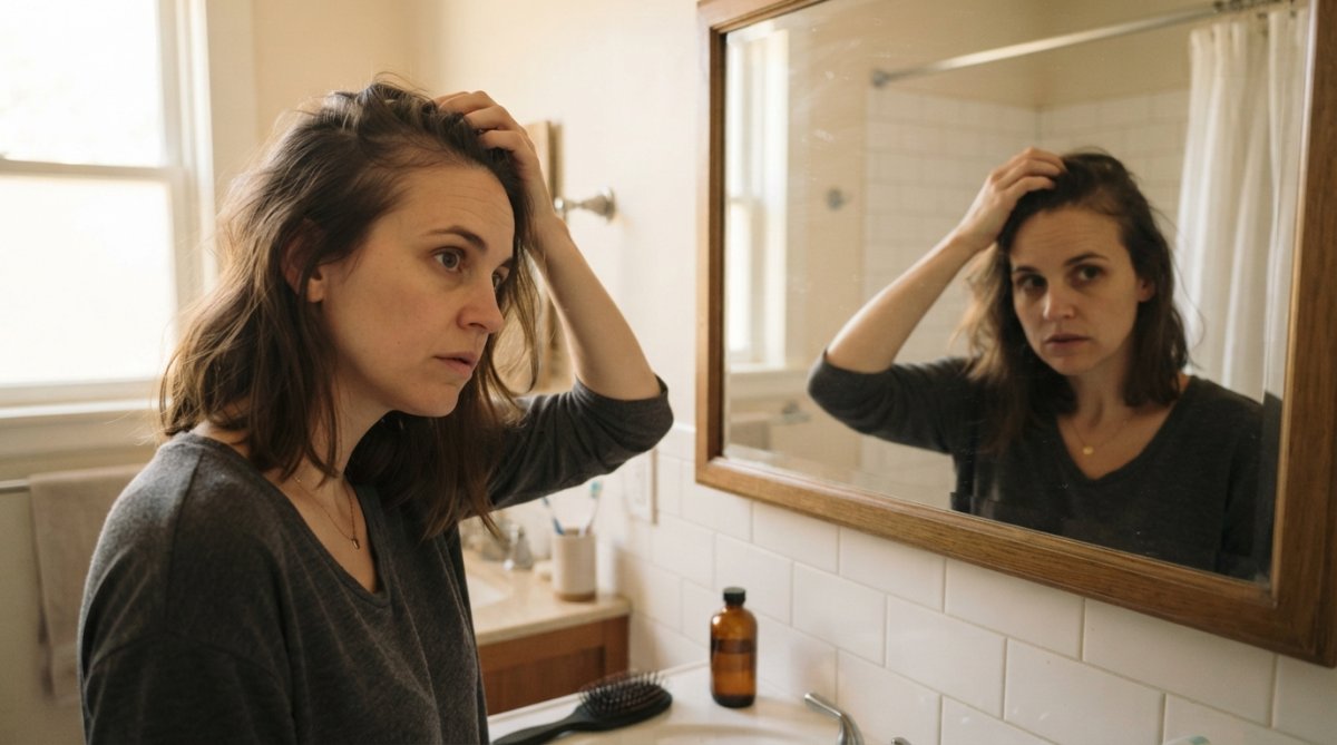 Close-up of a new mother gently touching her hair while looking at her reflection in a soft-lit bathroom mirror, showing concern about visible hair thinning