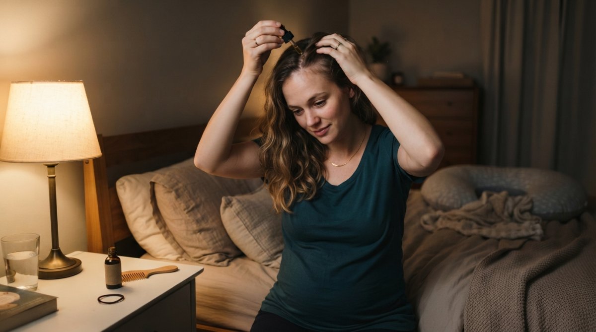 Woman applying natural hair growth oil to her scalp during an evening self-care routine at home, with soft warm lighting from a bedside lamp