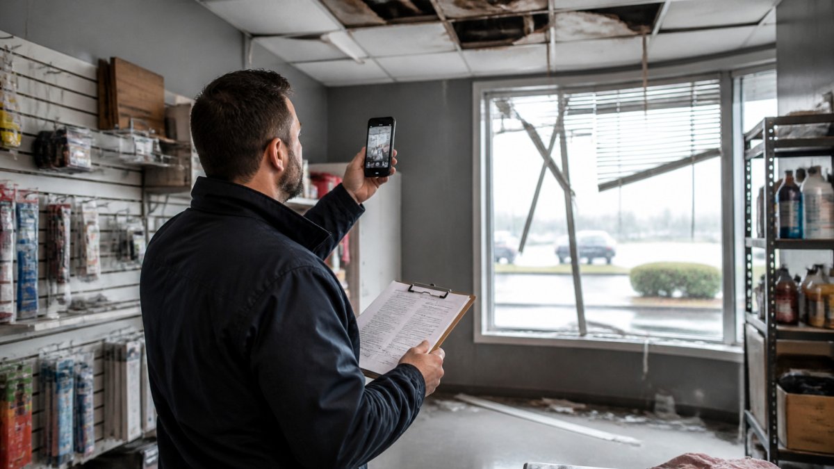 Business owner photographing storm-damaged ceiling and broken windows to see if business insurance covers storm damage