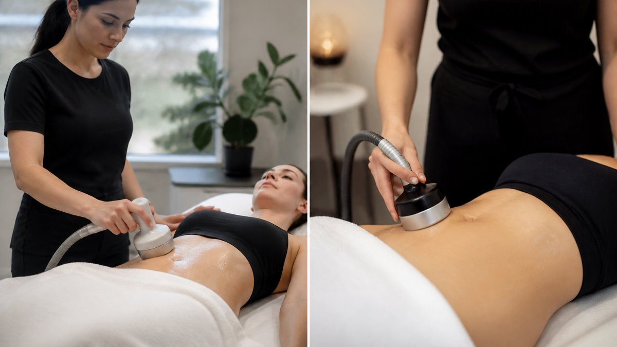 Professional performing ultrasonic cavitation to tighten loose skin on a client's abdomen in a clinic