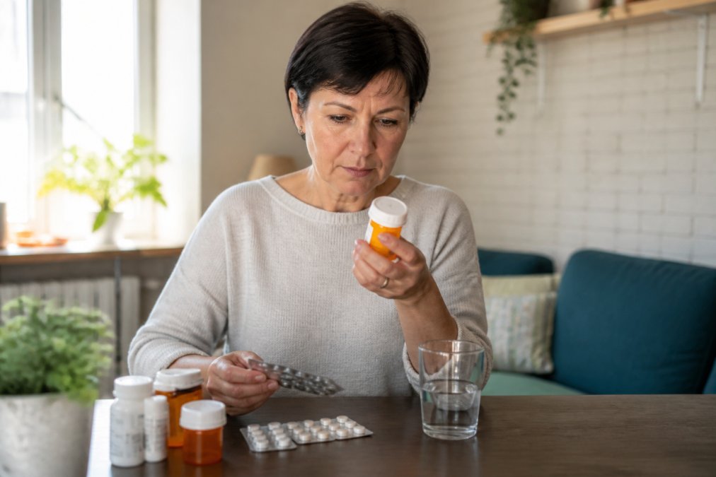 Middle-aged adult reading medication label on a bottle while holding prescription medications in natural home lighting, representing the importance of checking interactions