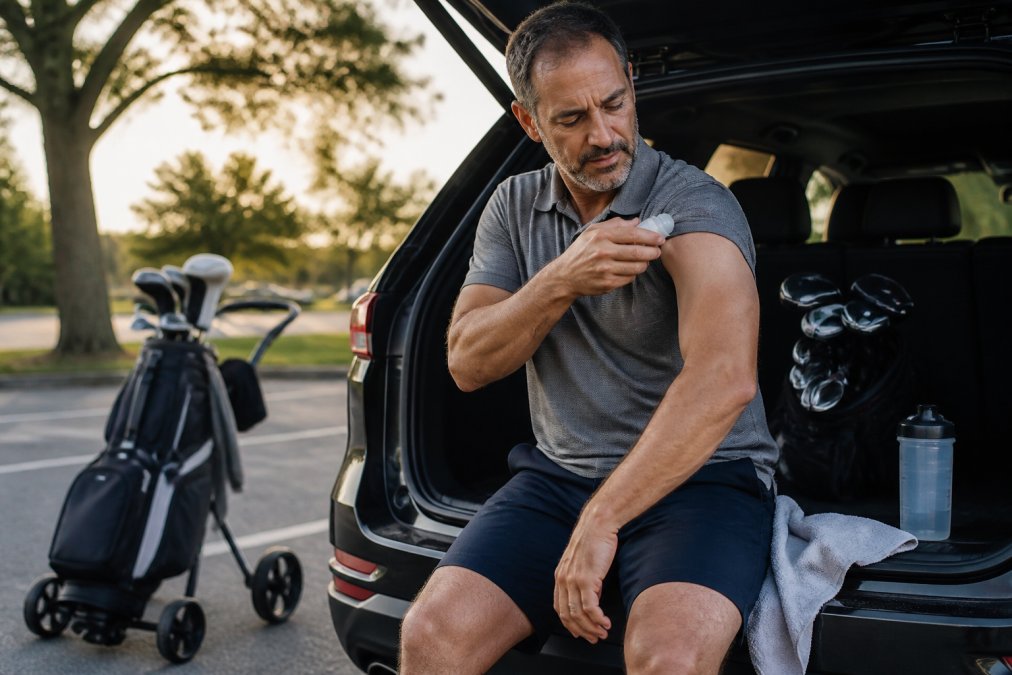 A golfer in his 40s sitting on the tailgate of an SUV in a course parking lot after a round, rolling a topical stick over his sore shoulder with golf clubs and a push cart visible behind him in late afternoon light