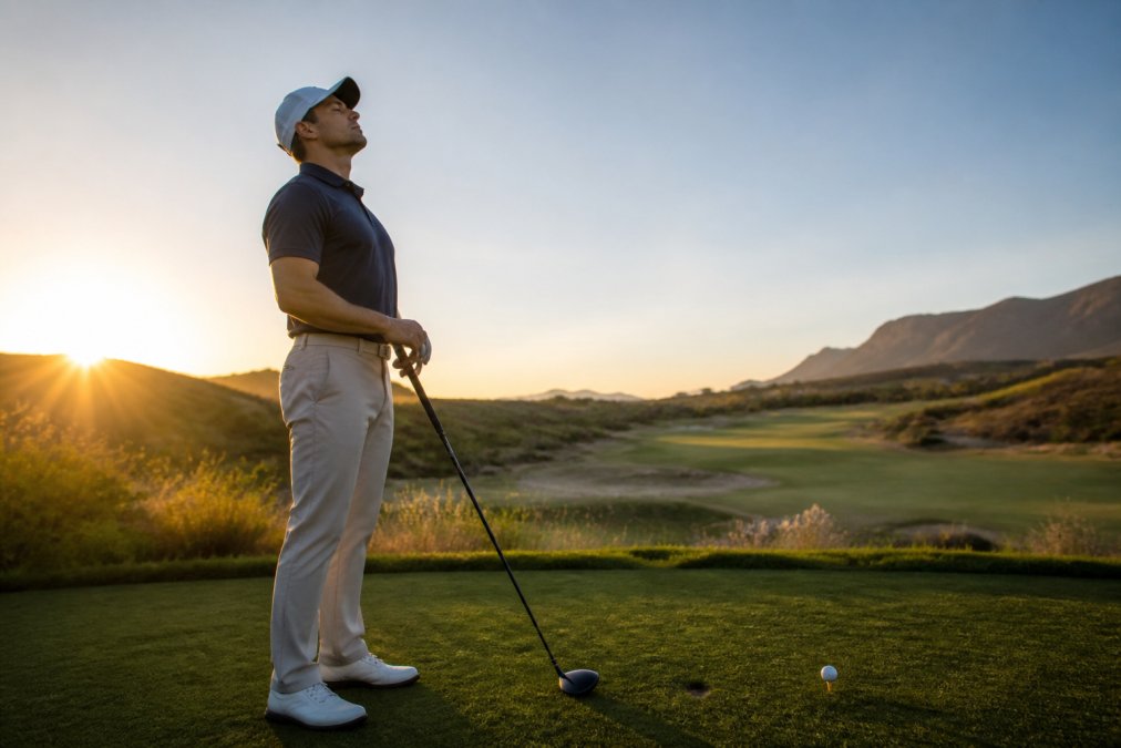 Golfer on the first tee at sunrise, taking a deep breath before their shot, shoulders relaxed and expression calm and focused, with soft golden light across the fairway