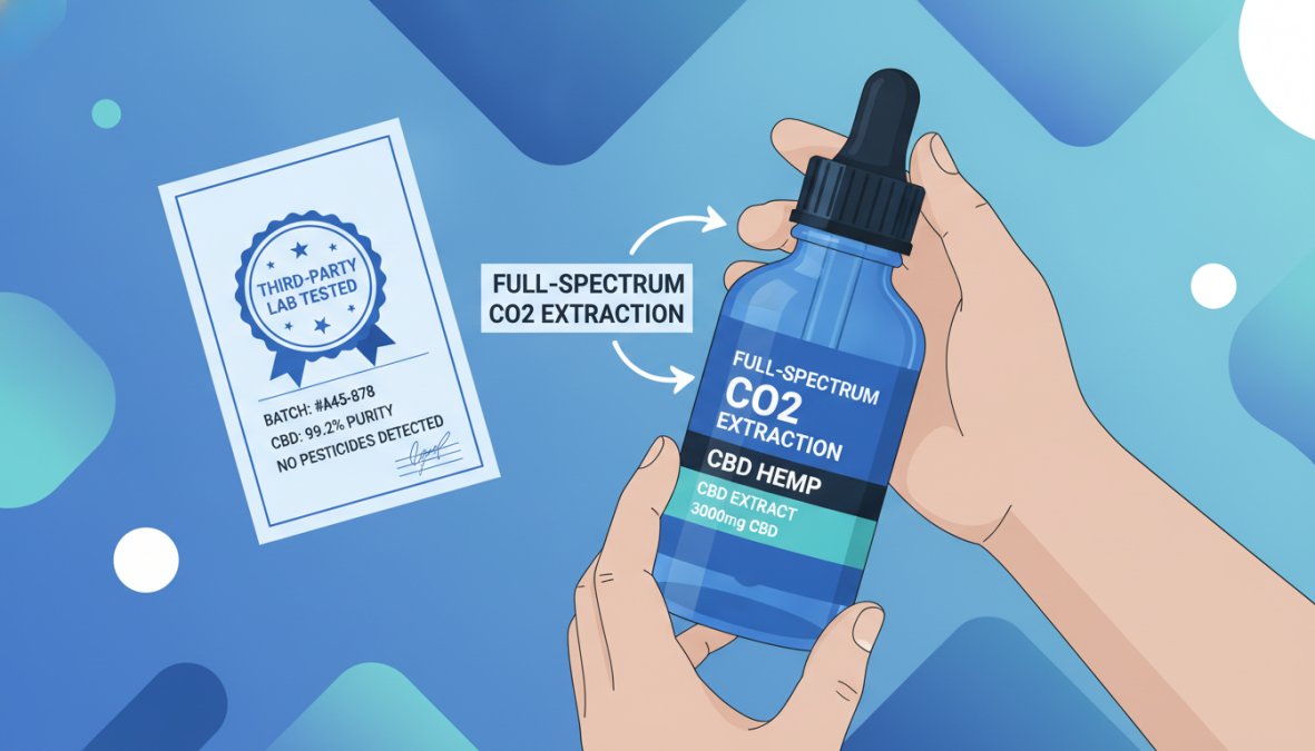 A person's hands holding a small amber CBD oil bottle next to a printed certificate of analysis document on a clean white table, with a laptop open in the background showing a lab testing results page