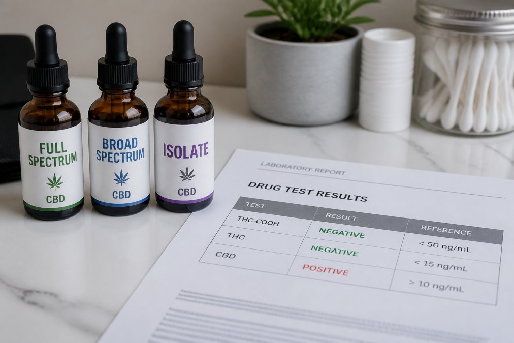 Close-up of three clearly labeled CBD product bottles, full spectrum, broad spectrum, and isolate, arranged on a clean white surface next to a printed lab report